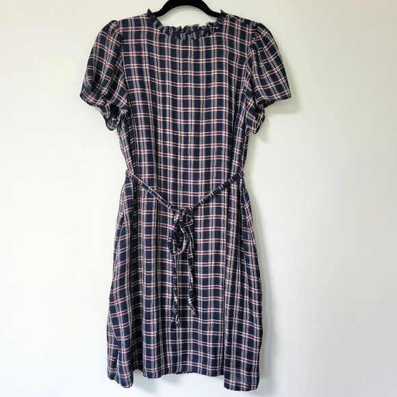 LOFT Dresses & Skirts - LOFT Plaid Ruffle Tie-Waist Dress Navy Red Plaid with Pockets Americana